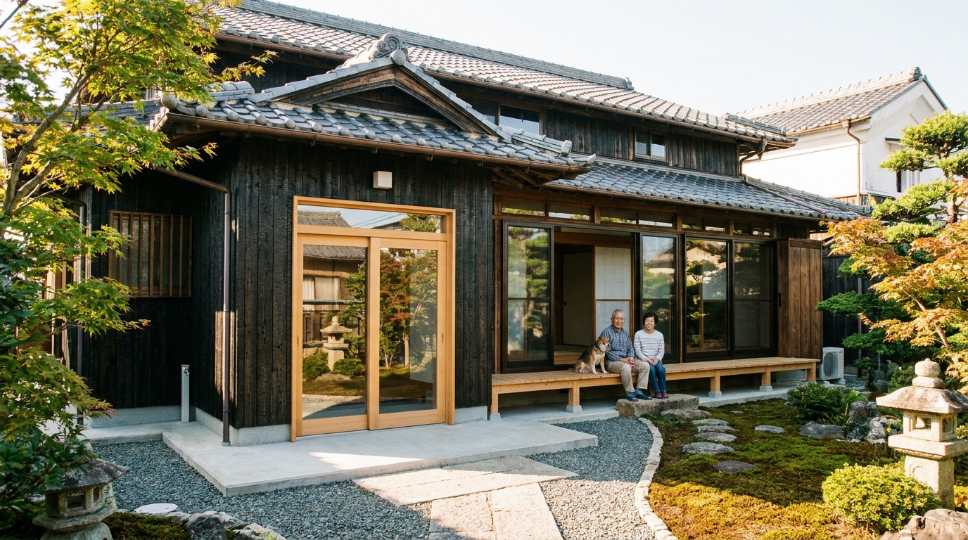 リフォームで美しく生まれ変わった古い一戸建て。古民家の良さとモダンなデザインが融合している。