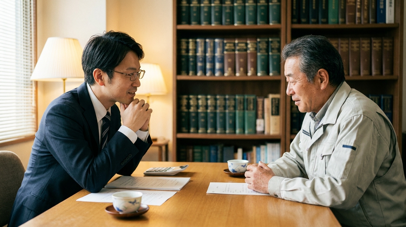 司法書士に事業承継の相談をする高齢の経営者。専門家のアドバイスに安心した表情を浮かべている。