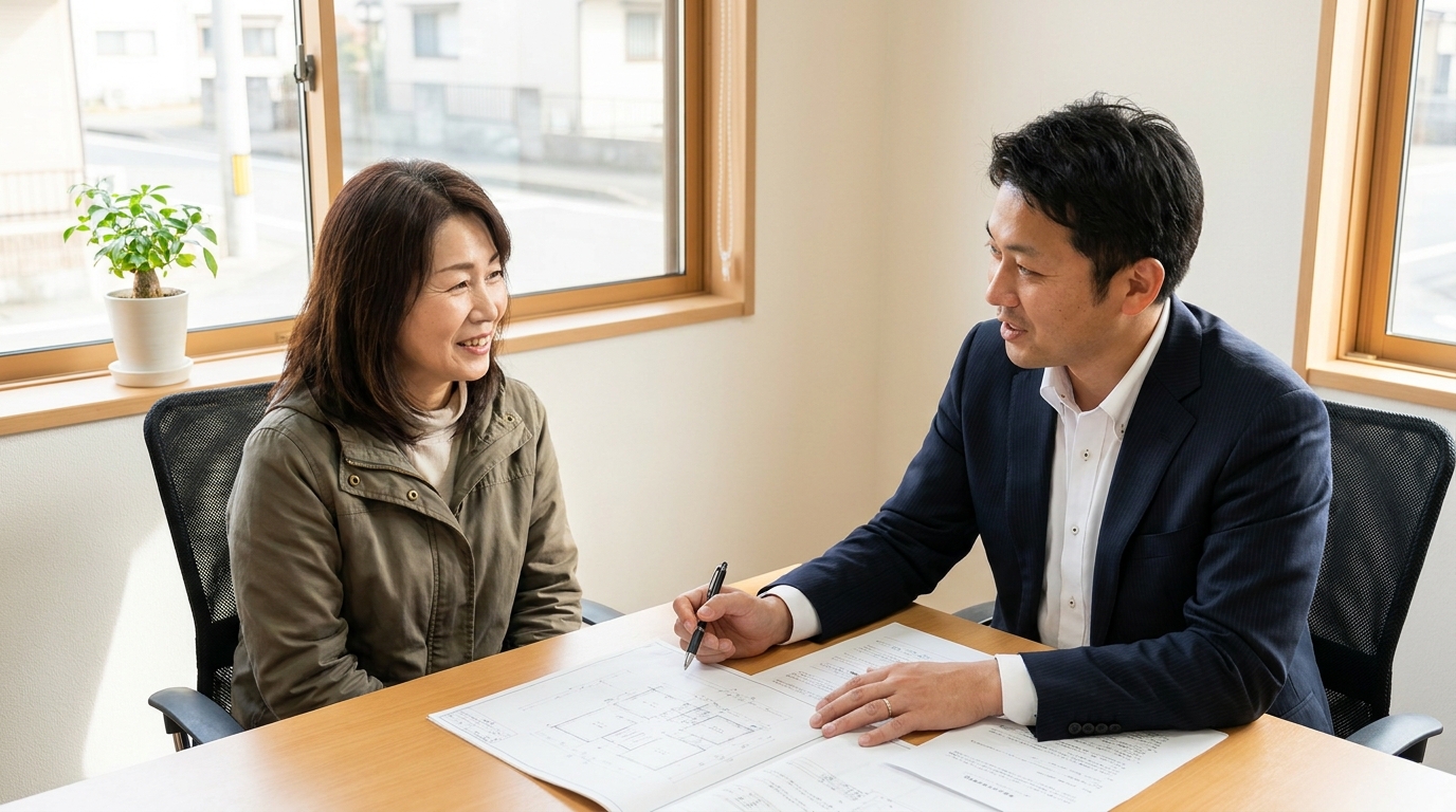 司法書士に家のリフォームローンの問題を相談し、安心した表情を浮かべる女性。