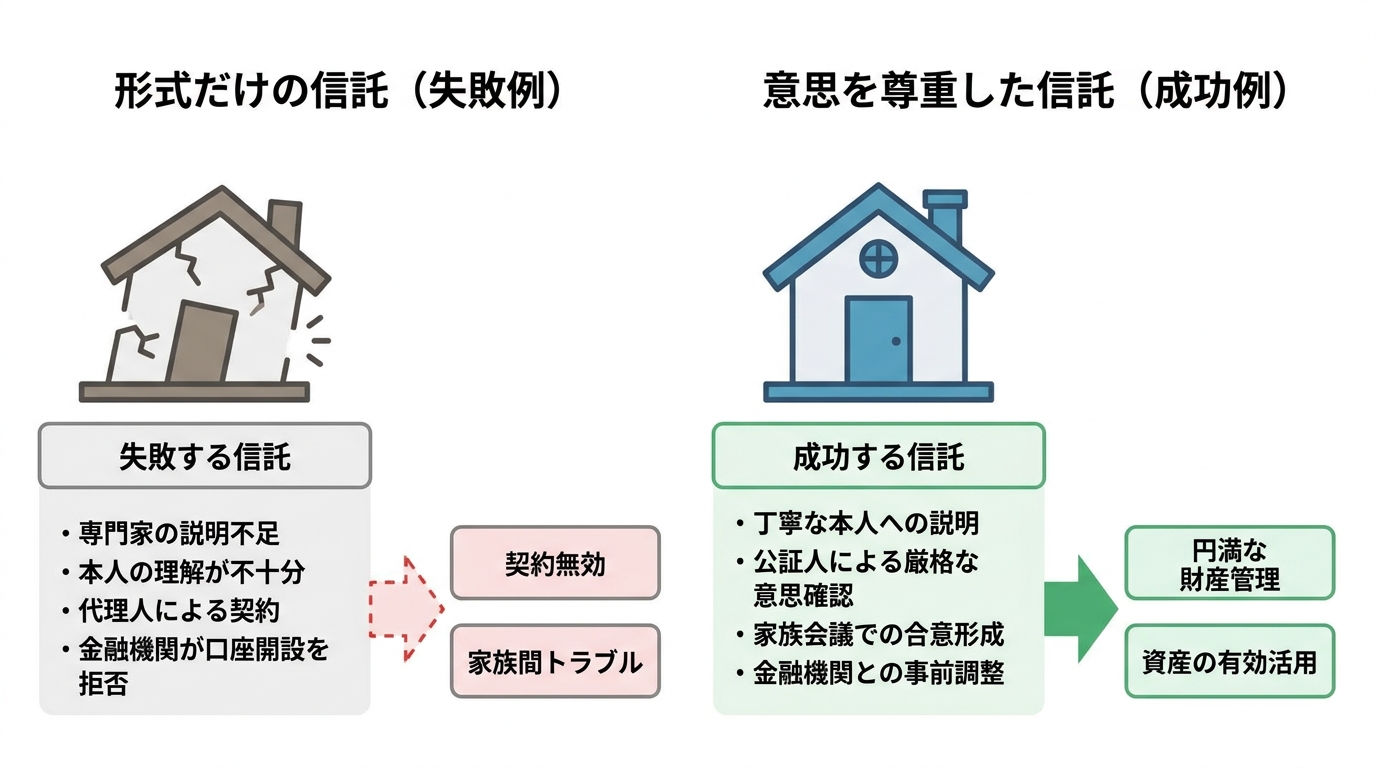 家族信託の成功例と失敗例を比較する図解。失敗例は本人の意思確認不足により契約無効やトラブルに至る流れを、成功例は丁寧な手続きを経て円満な財産管理に至る流れを示している。