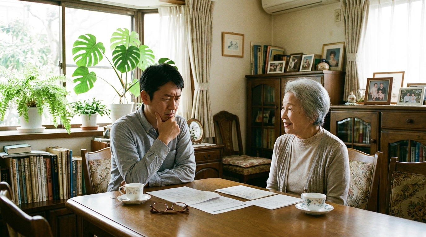民事信託の第二受託者について悩む息子と、それを見守る母親の様子。