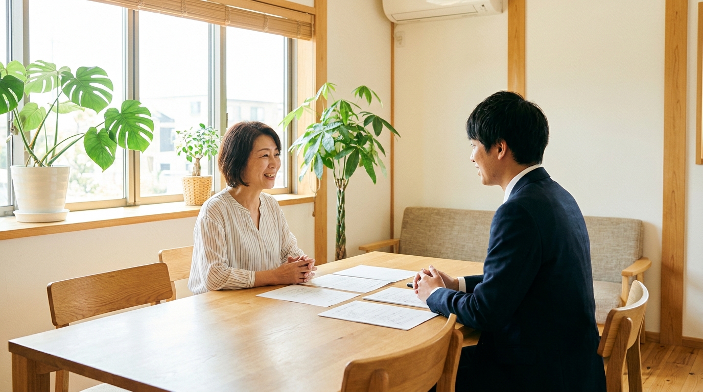司法書士に相談し、悩みが解決して安心した表情を浮かべる女性後見人。