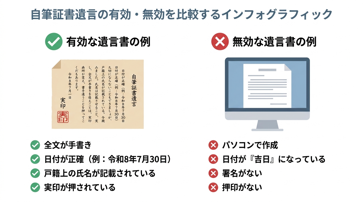 自筆証書遺言の有効な例と無効な例を比較した図解。有効な例として手書き、正確な日付、氏名、押印が挙げられ、無効な例としてPC作成、日付不備、署名・押印漏れが挙げられている。