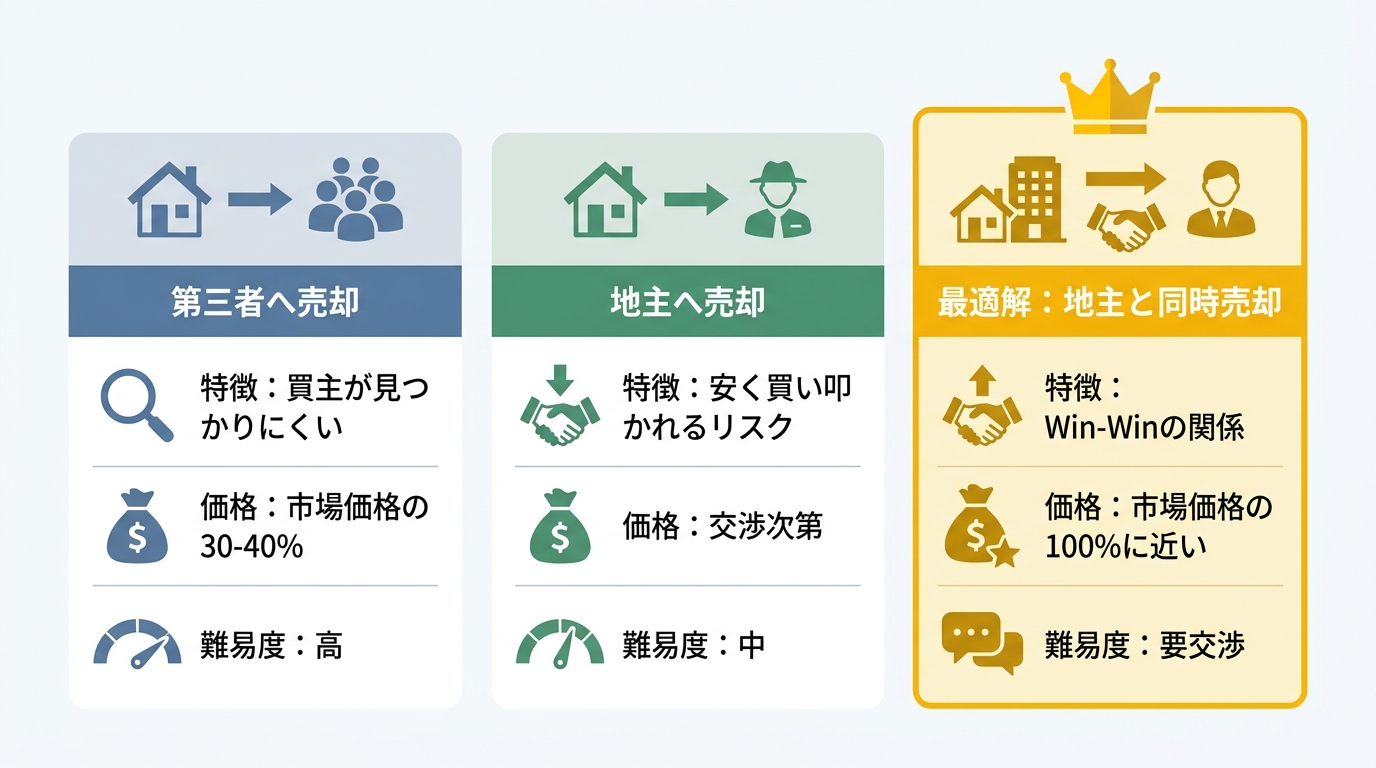 相続した借地権を売却する3つの選択肢の比較図。第三者への売却、地主への売却、そして最も有利な地主との同時売却のメリット・デメリットを価格や難易度の観点から解説。