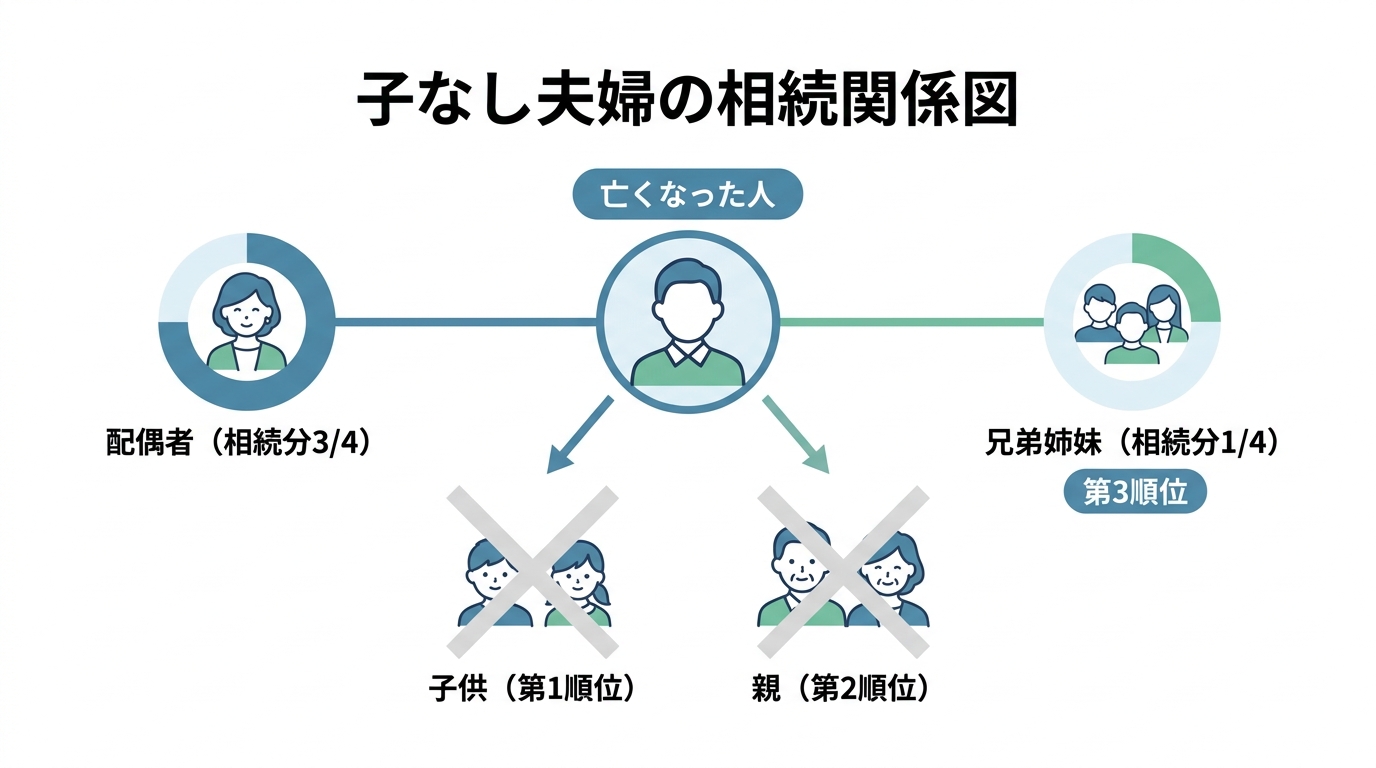 子なし夫婦の相続における法定相続人の関係図。配偶者と亡くなった人の兄弟姉妹が共同相続人になることを示している。