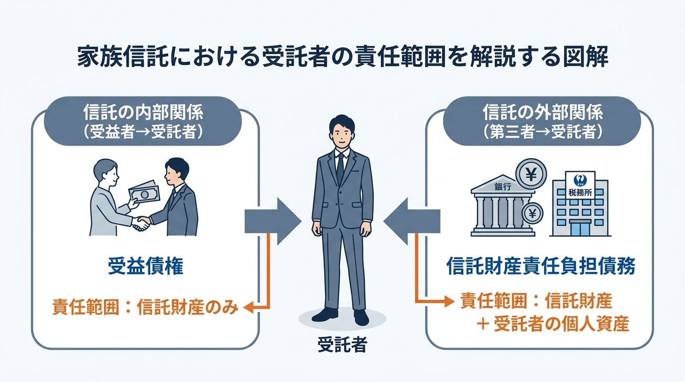 家族信託における受託者の責任範囲を図解。受益者との内部関係である「受益債権」は信託財産のみで責任を負い、第三者との外部関係である「信託財産責任負担債務」は信託財産と受託者の個人資産で責任を負うことを示している。