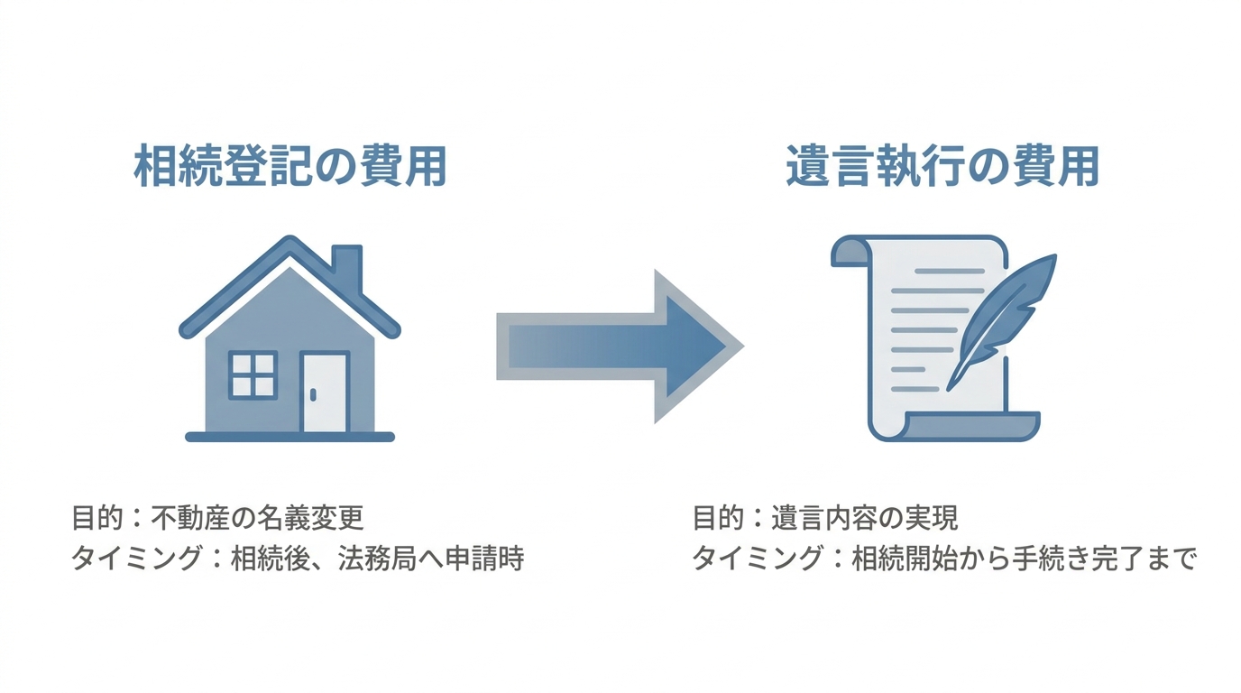 遺言で定めておくべき2大費用である「相続登記の費用」と「遺言執行の費用」について、それぞれの目的と発生タイミングを比較した図解。