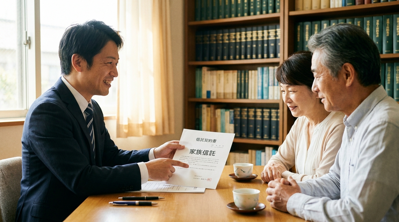 司法書士と相談する夫婦。専門家から家族信託に関する説明を受け、安心した表情で話を聞いている様子。