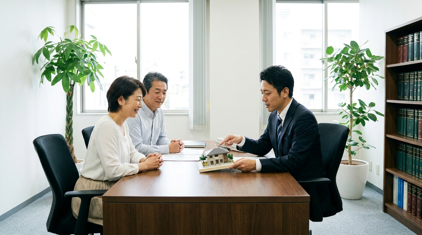 司法書士から空き家特例について説明を受ける夫婦。専門家への相談を通じて、税金に関する疑問を解消している様子。