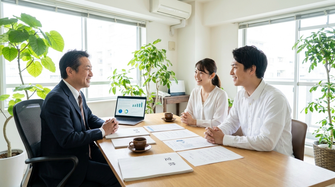 司法書士事務所で相談する若い起業家。司法書士が親身にアドバイスしている。