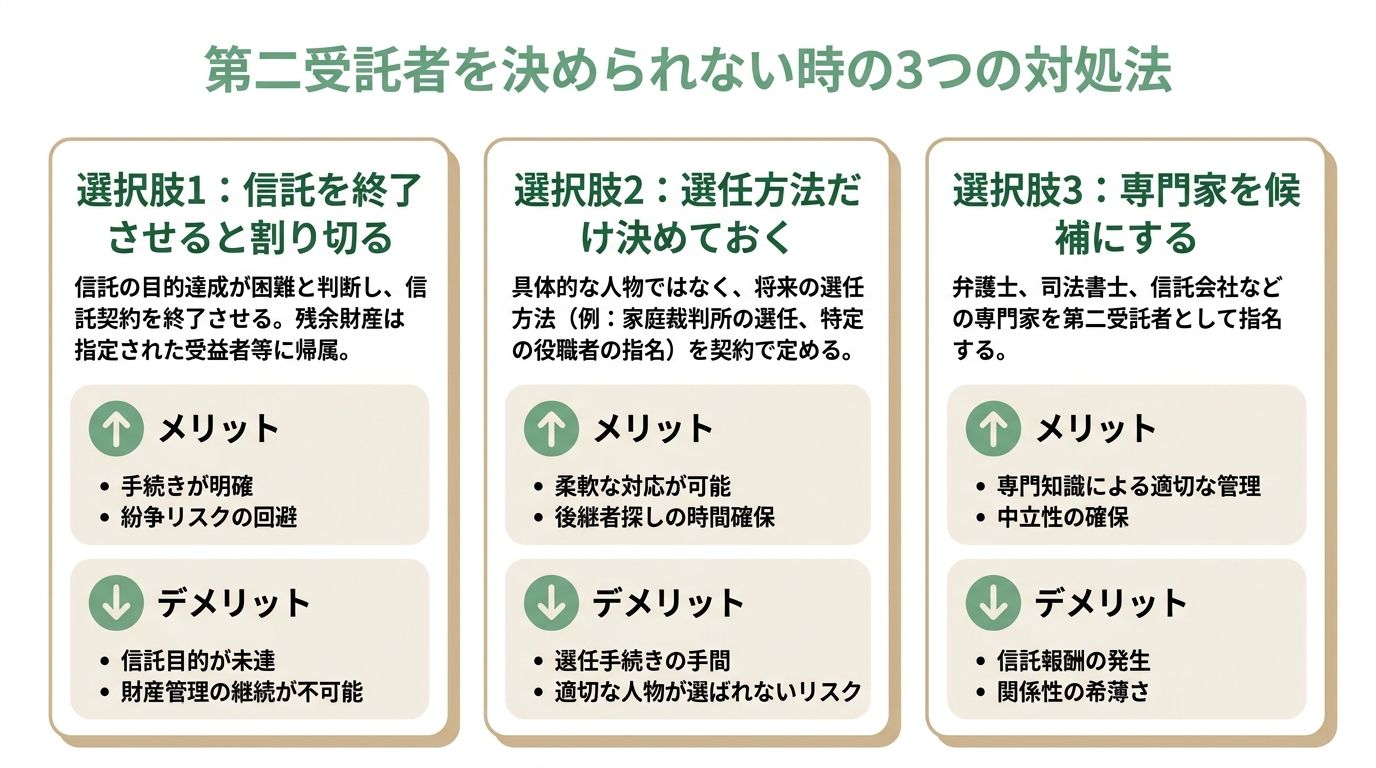 民事信託で第二受託者を決められない場合の3つの対処法(信託終了、選任方法の指定、専門家依頼)を比較した図解。