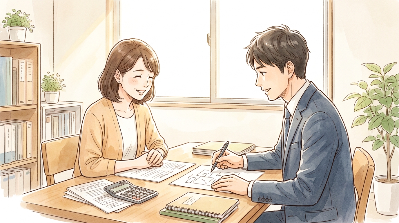 司法書士に相談し、相続問題の解決の糸口が見えて安堵する女性のイラスト。