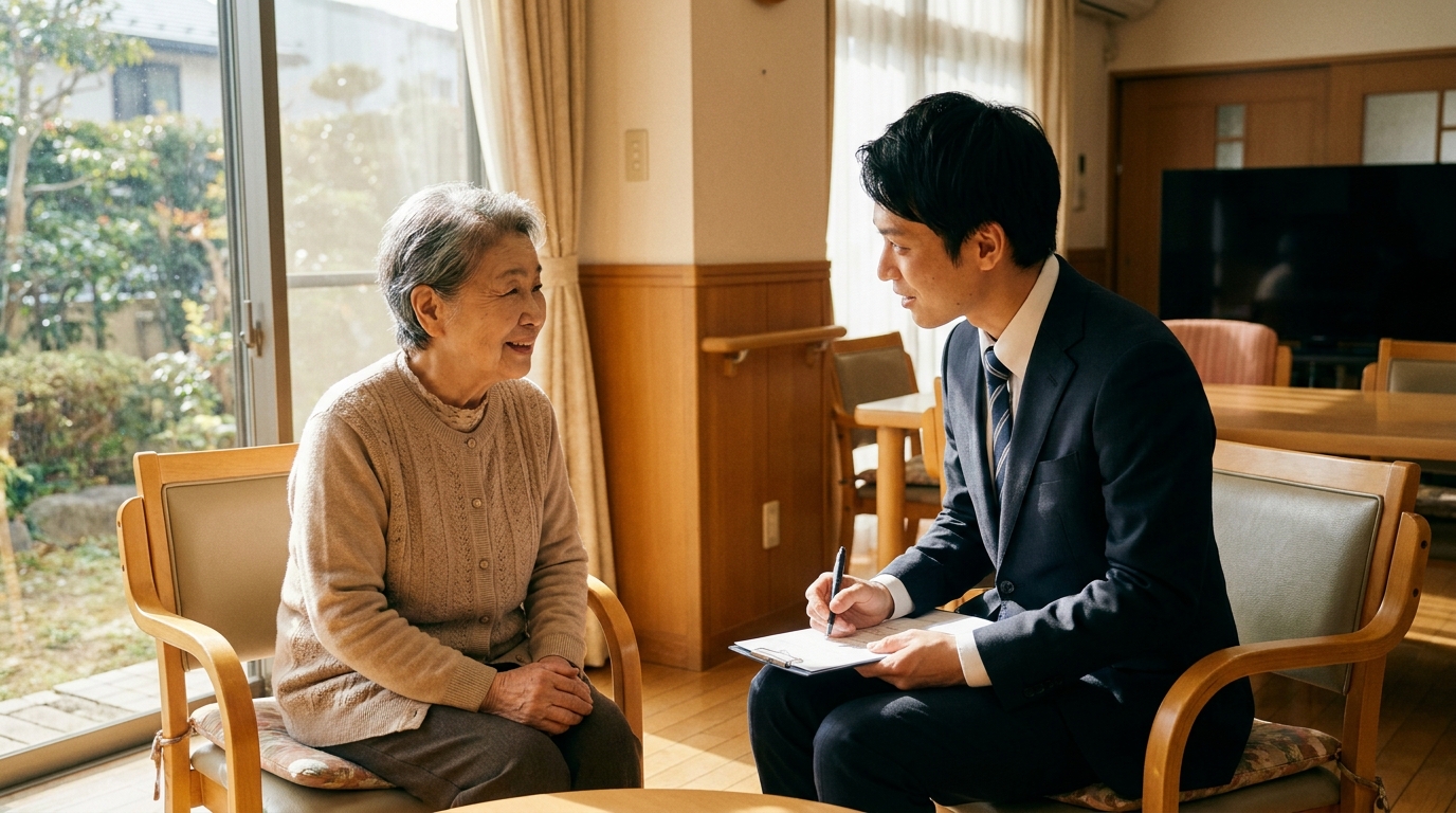 介護施設で成年後見人である司法書士が高齢の女性と面談している様子。信頼関係が伝わる穏やかな雰囲気。
