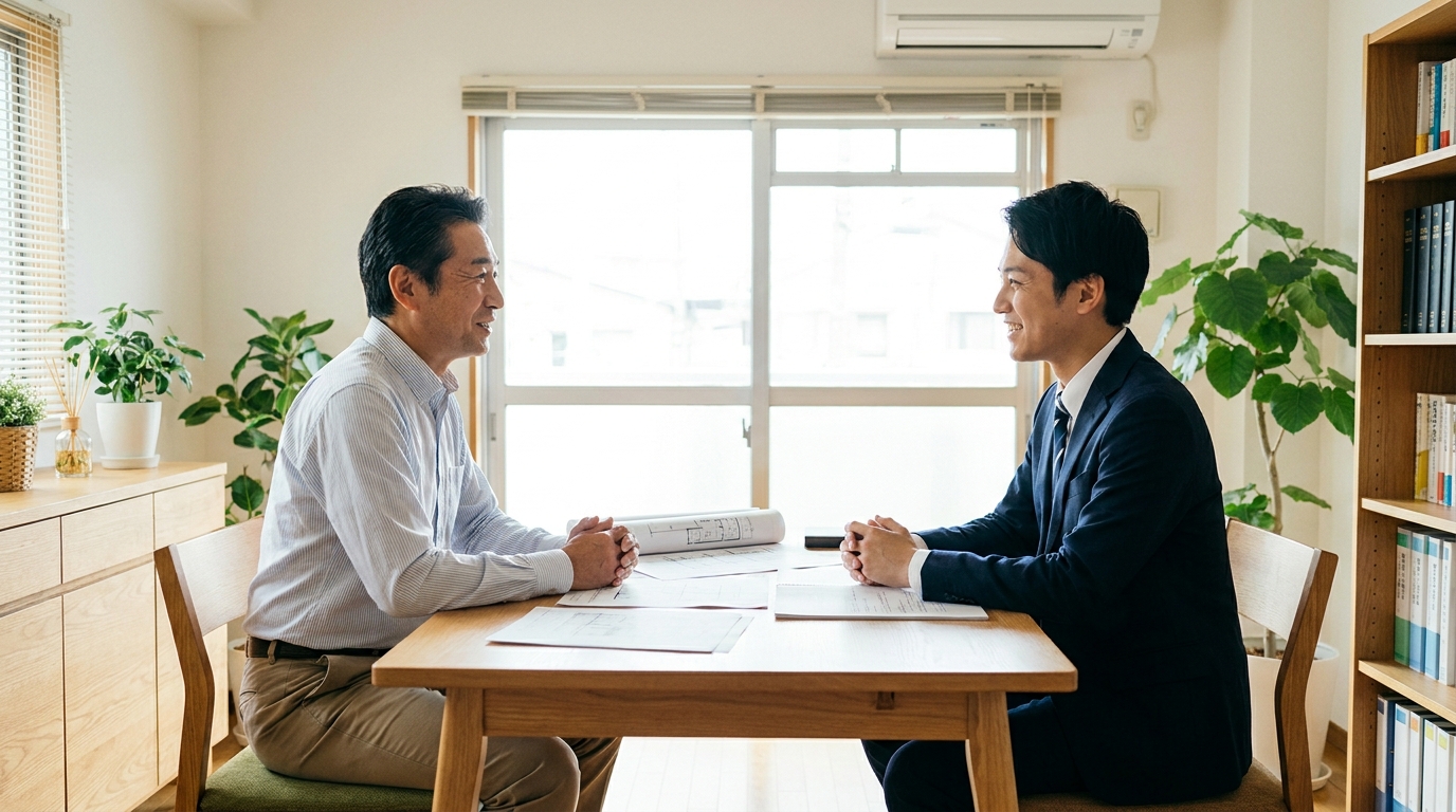 司法書士に家族信託の相談をする賃貸アパートのオーナー。専門家からのアドバイスに安心した表情を浮かべている。