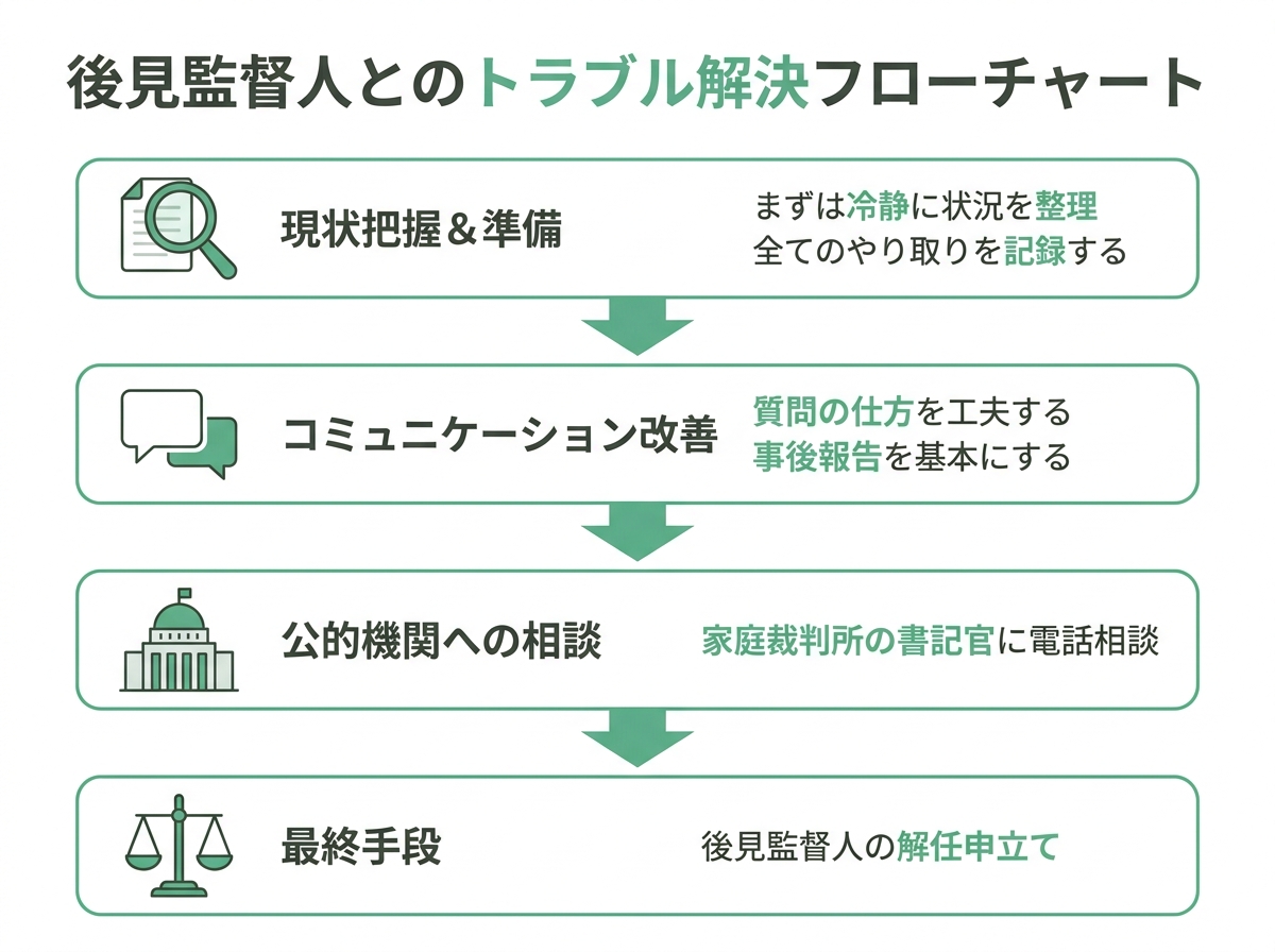 後見監督人とのトラブルを解決するための4ステップを示したフローチャート。準備、コミュニケーション改善、家庭裁判所への相談、最終手段の流れを解説。