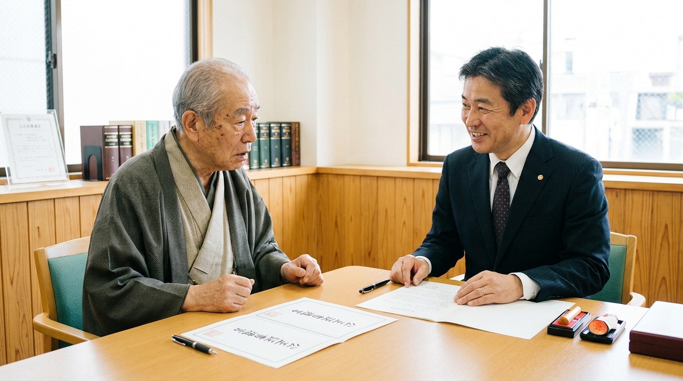 公証役場で公正証書遺言を作成する高齢男性。公証人から説明を受け、遺言能力の重要性について考えている様子。