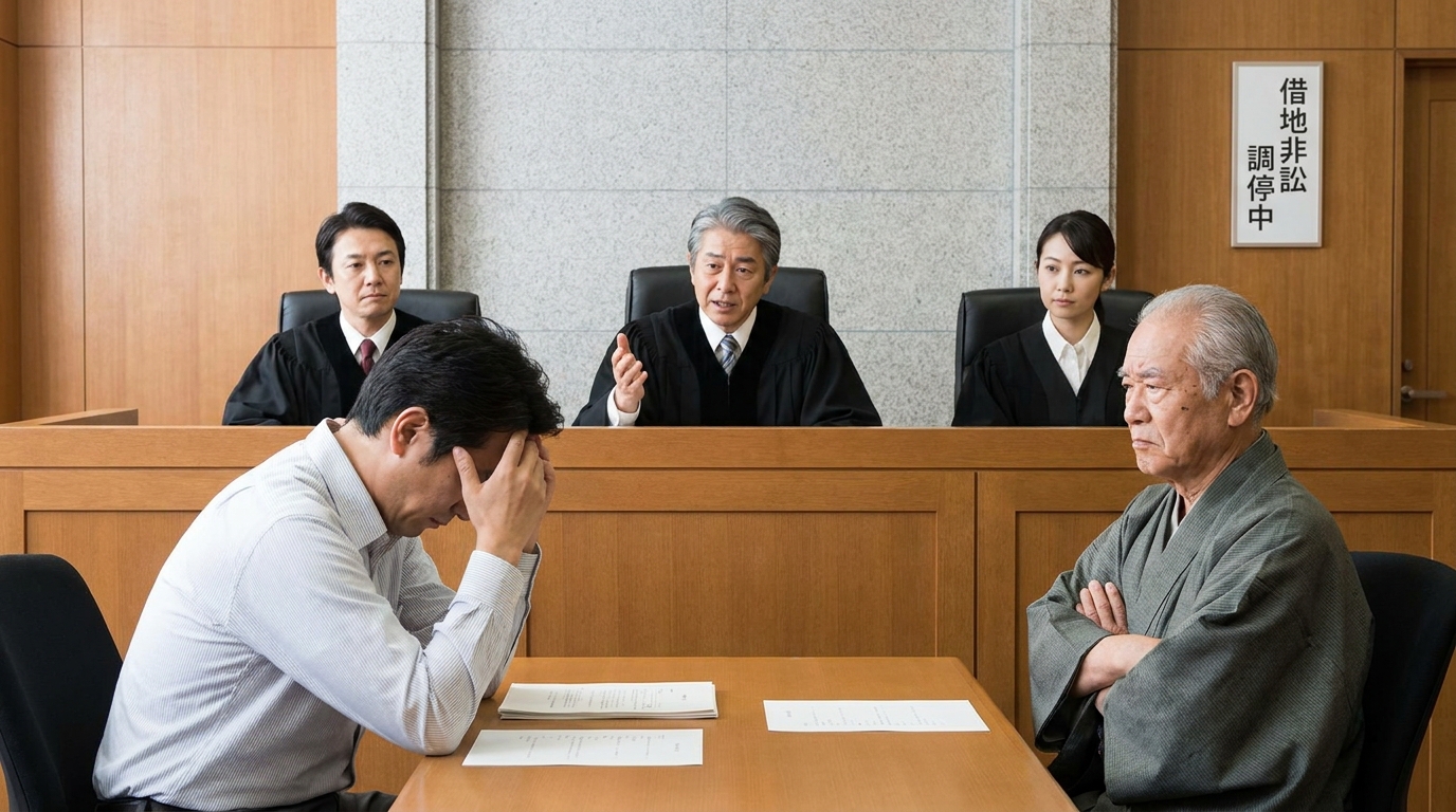 借地非訟手続きのイメージイラスト。裁判官を前に、借地人と地主が向き合っている法廷の様子。交渉が決裂した場合の最終手段であることを示している。