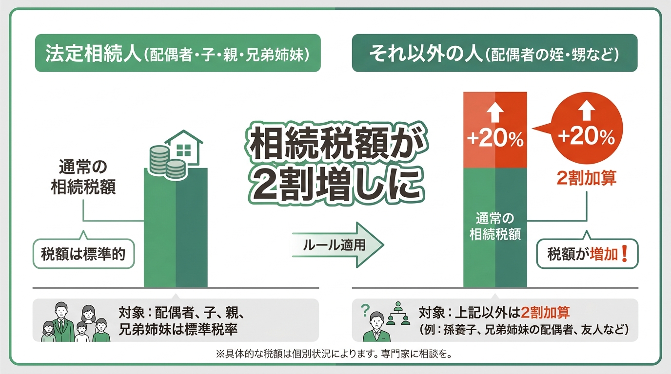 相続税の2割加算を解説する図解。法定相続人と、配偶者の姪などそれ以外の人とで税額がどう変わるかを比較し、2割加算になることを示している。