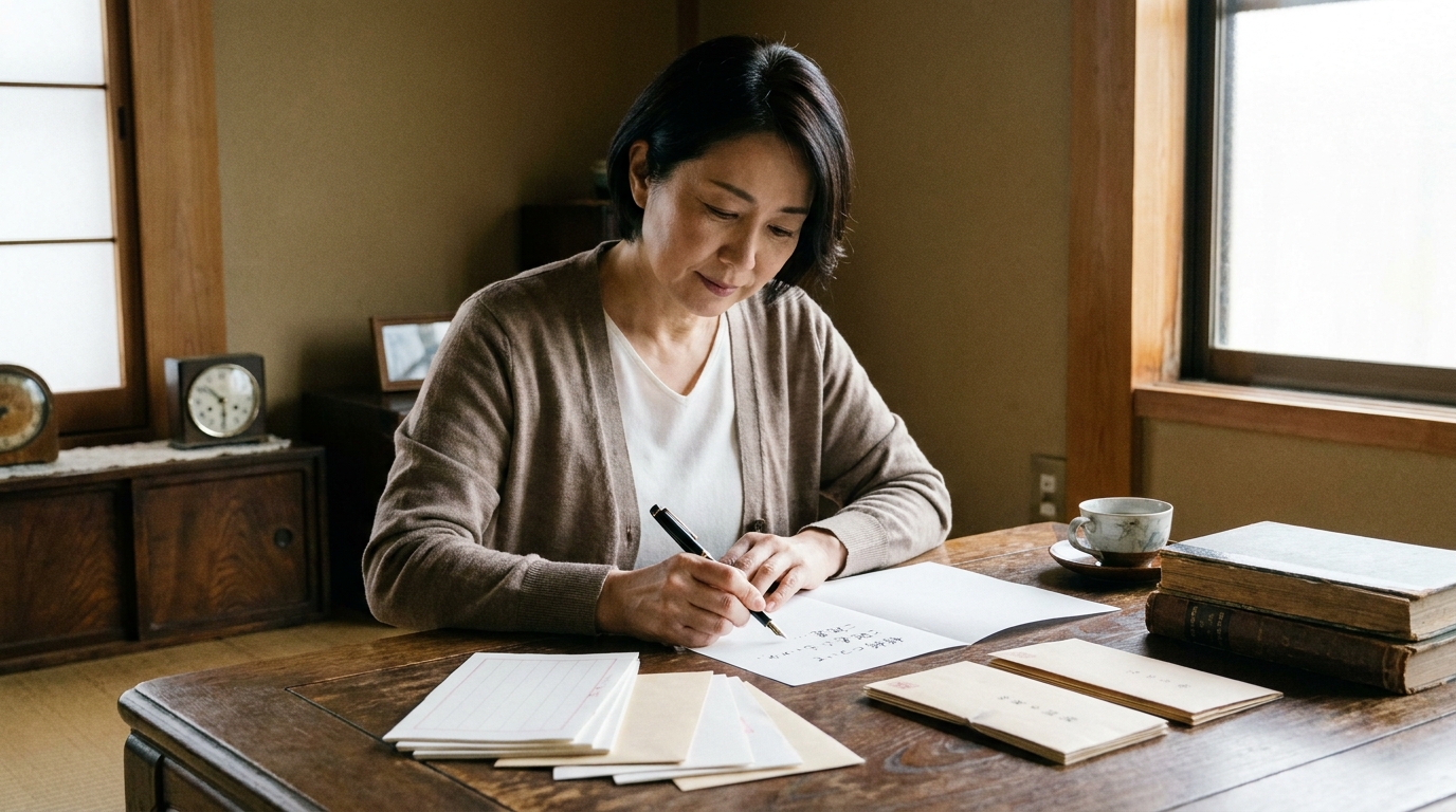相続手続きについて、疎遠な義理の兄弟へ送る手紙を真剣な表情で書いている中年の女性。