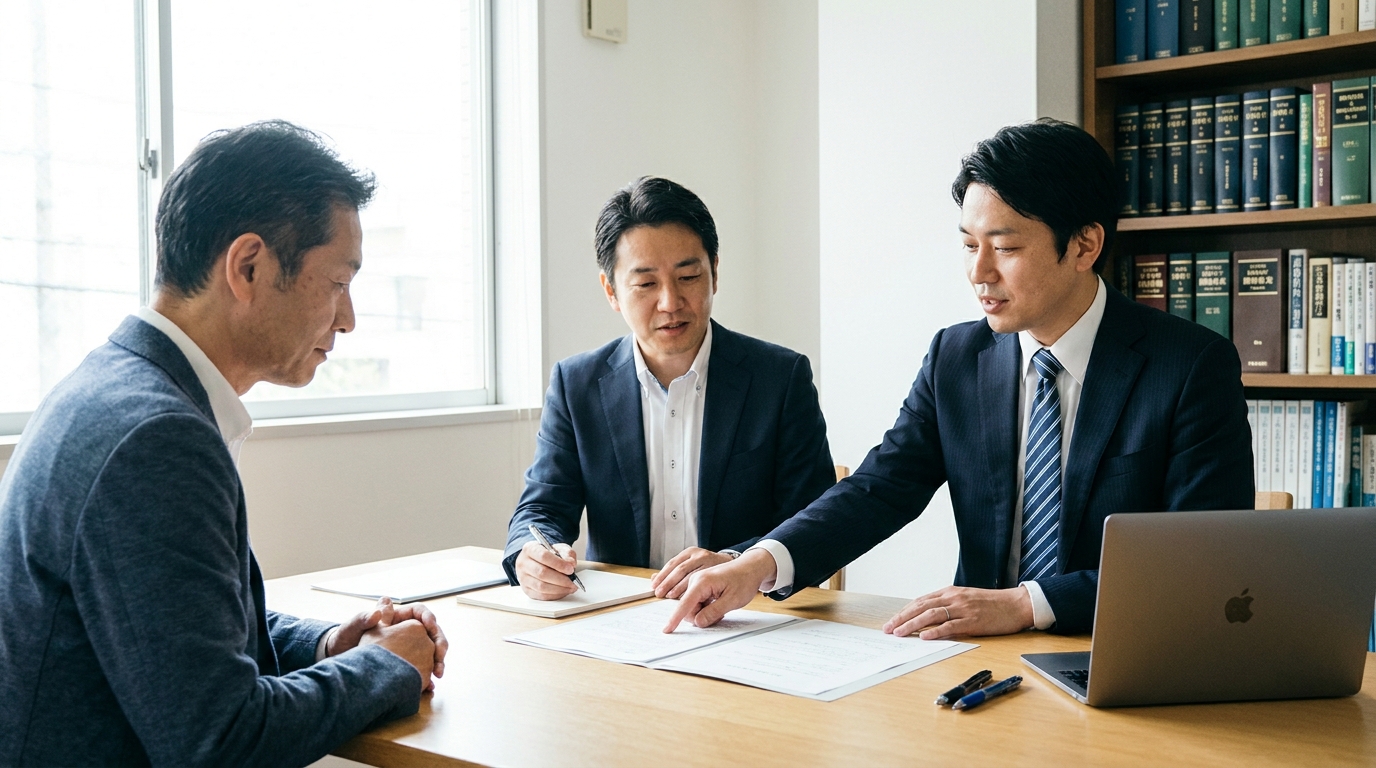 司法書士が受託者候補の男性に、家族信託の契約書を見せながら個人資産を守るための対策を説明している相談風景。