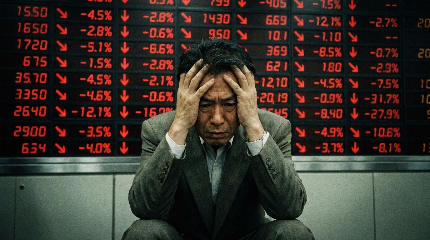 株価が暴落する電光掲示板の前で、なすすべなく頭を抱える男性。判断能力低下による資産凍結のリスクを象徴している。