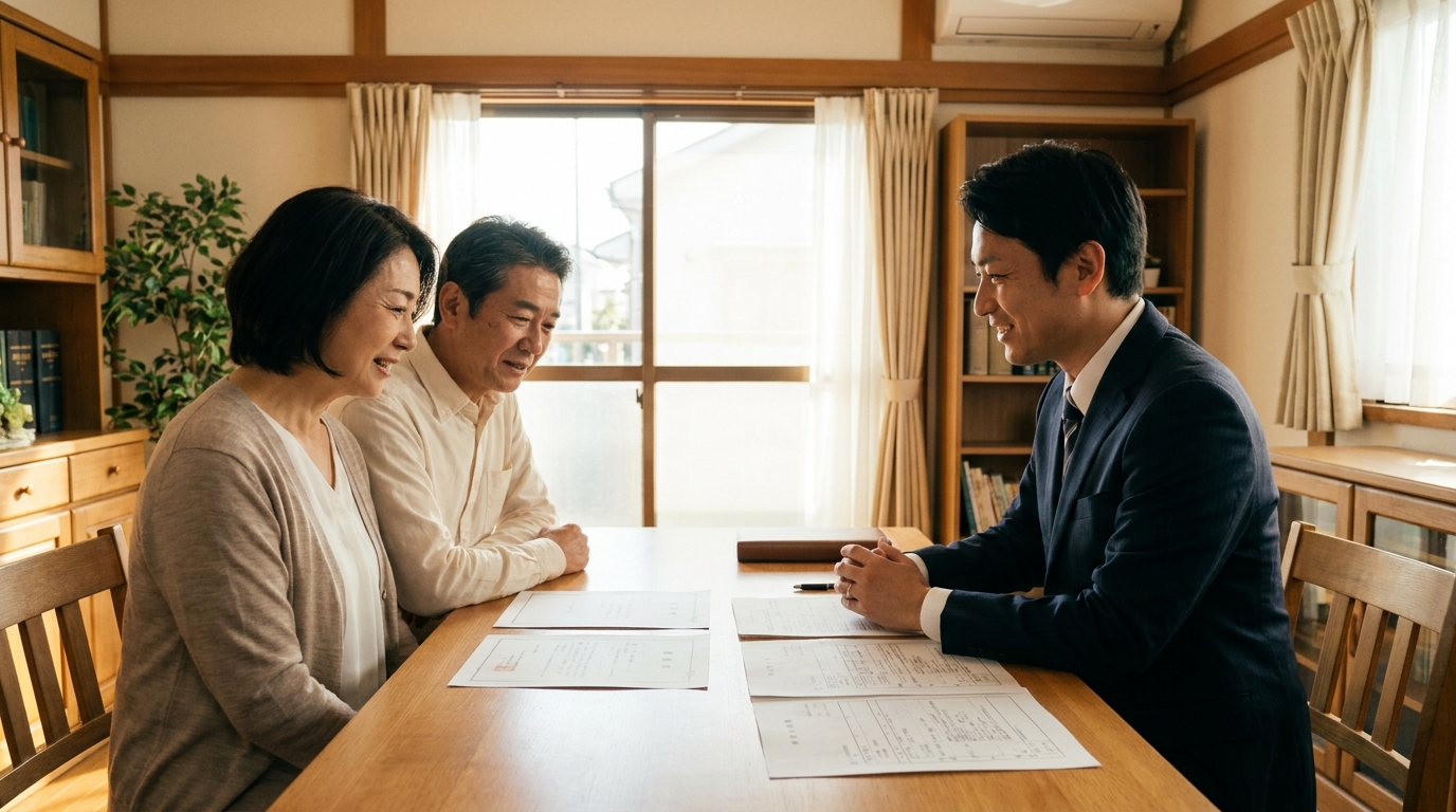 司法書士に相談し、相続手続きに関する説明を受けて安心する夫婦。専門家への相談の重要性を示している。