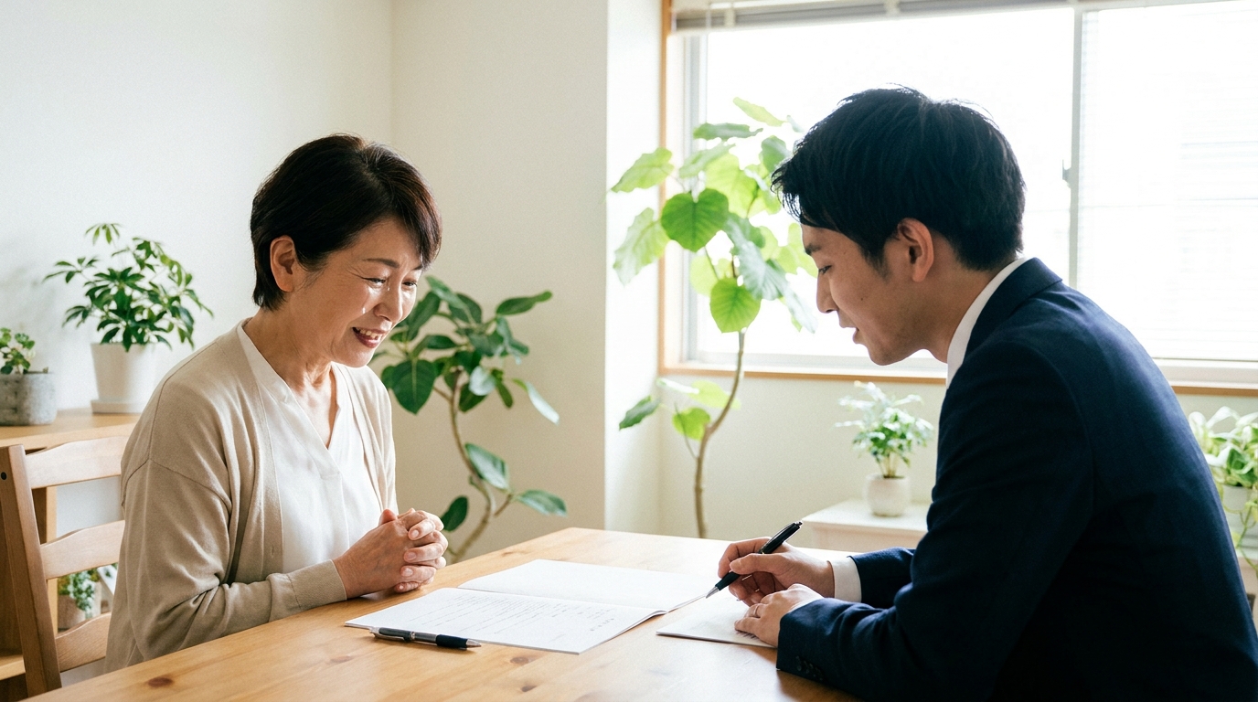 司法書士事務所で相談する高齢女性。司法書士からの説明に安心した表情を浮かべている。遺言書作成によって長年の悩みが解決した様子。