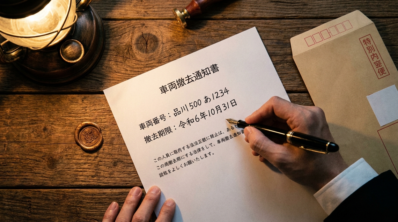 放置車両の所有者へ送る内容証明郵便を作成している様子