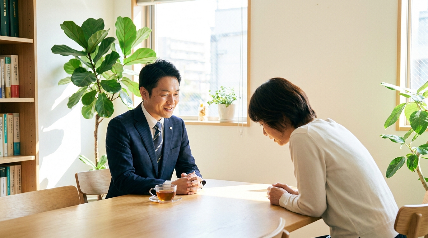 司法書士事務所で、相続の悩みを抱える女性に優しく寄り添いながら話を聞く男性司法書士。