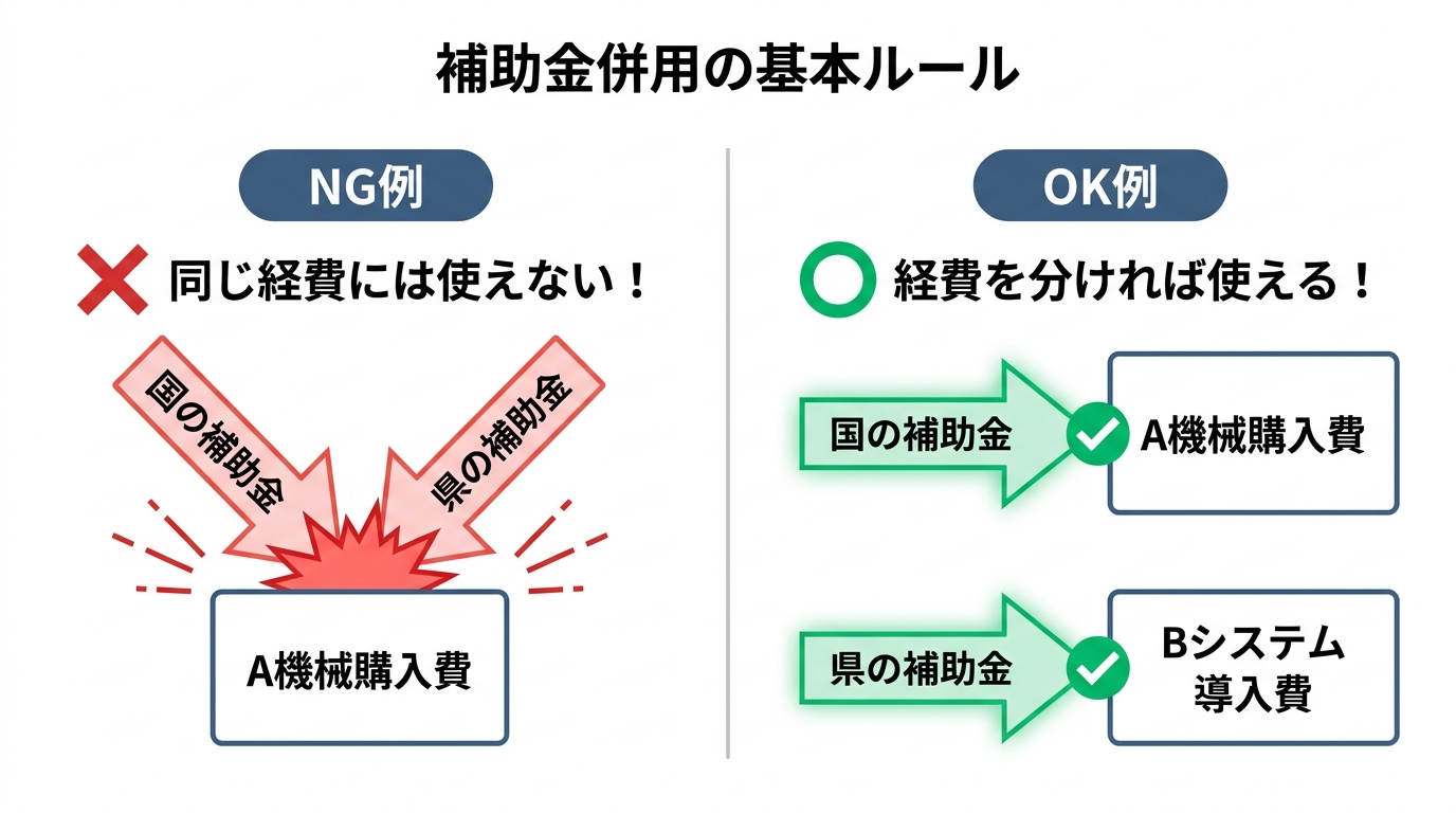 補助金の併用ルールについての図解。同じ経費に複数の補助金は使えないが、経費を分ければ併用可能であることを示している。