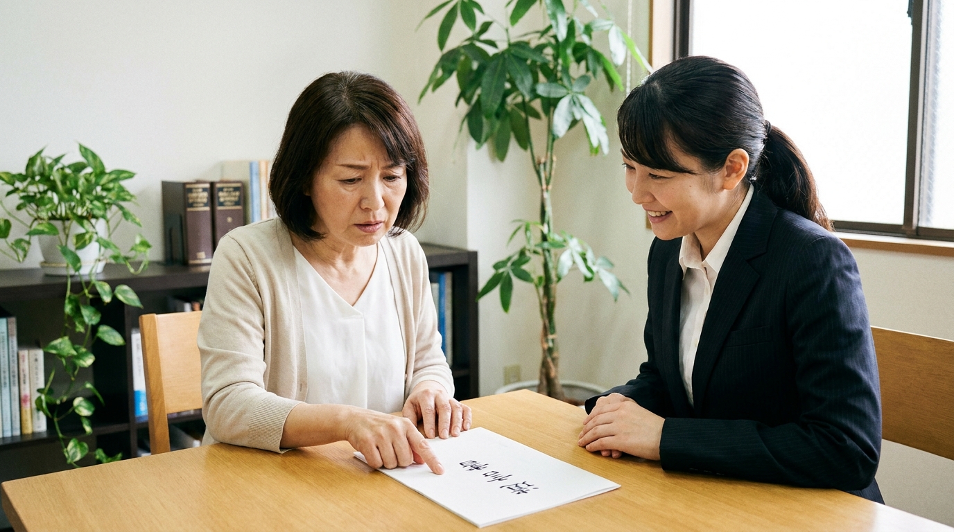 遺言書の有効性に疑問を感じ、司法書士に相談する女性。専門家が親身に話を聞いている。