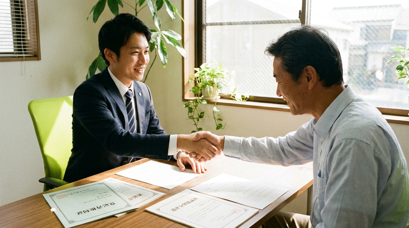 司法書士と相談者が握手をしている様子。相続した借地権の同時売却が無事に完了し、問題が解決した安堵感を表現している。