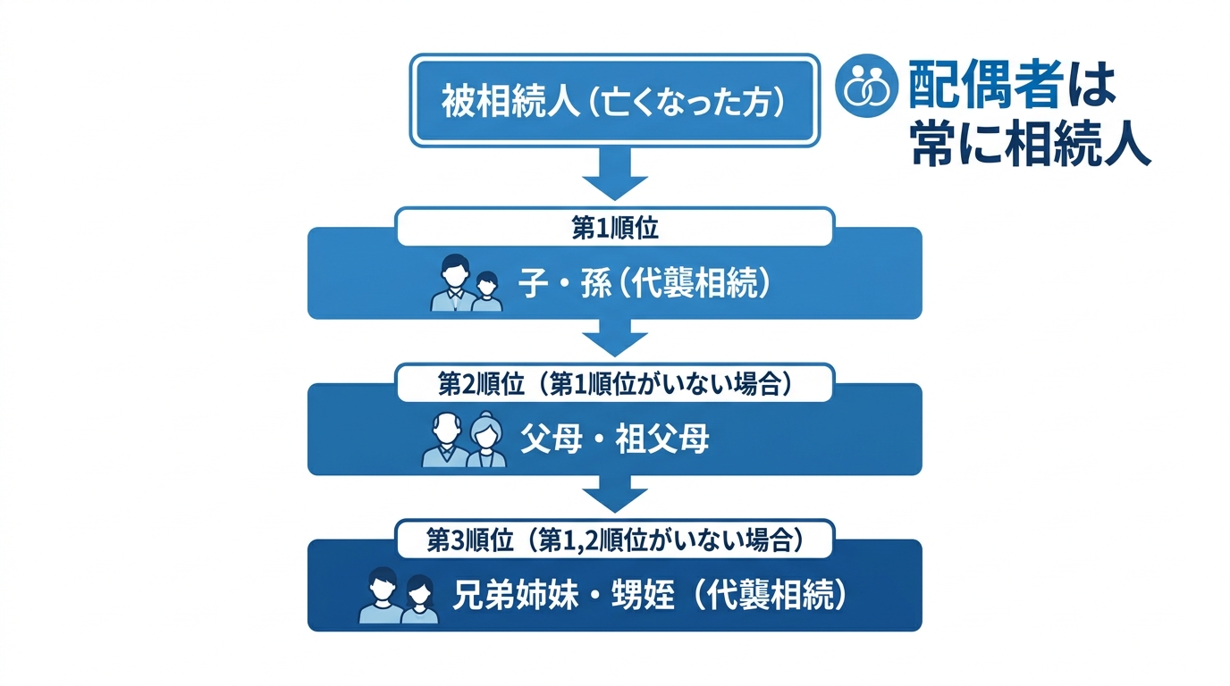 相続順位を分かりやすく解説した図解。被相続人を中心に、第1順位が子・孫、第2順位が父母・祖父母、第3順位が兄弟姉妹・甥姪であることを示し、配偶者は常に相続人であることを説明しています。