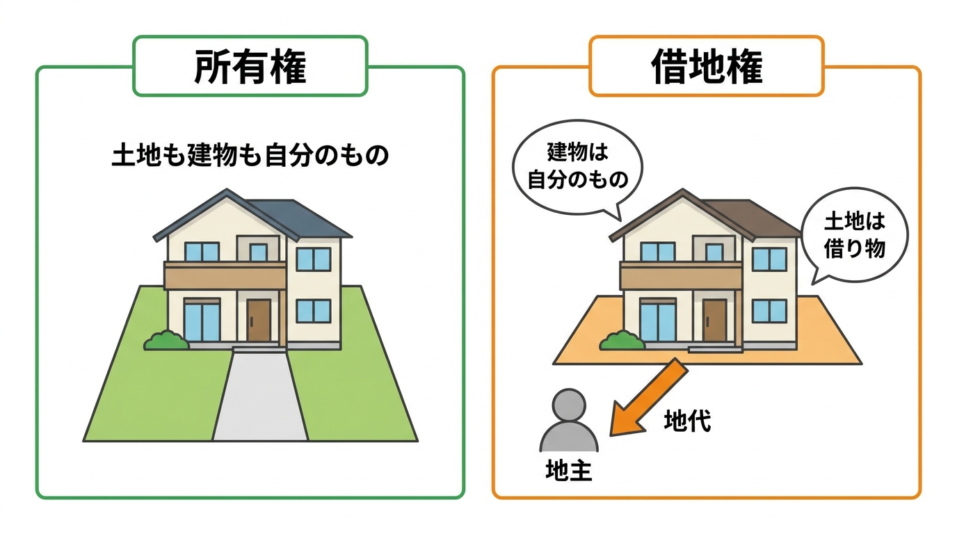 所有権と借地権の違いを図解したインフォグラフィック。所有権は土地と建物が自己所有である一方、借地権は建物のみ自己所有で土地は地主から借りて地代を支払う関係性を示している。