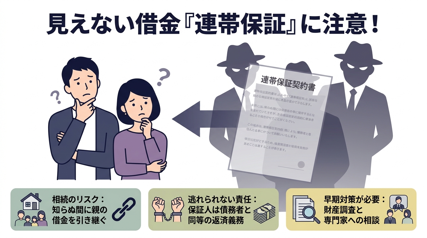 相続で見落としがちな連帯保証債務のリスクを示す図解。夫婦が気づかないうちに、故人が結んだ連帯保証契約によって借金を背負う危険性を表している。