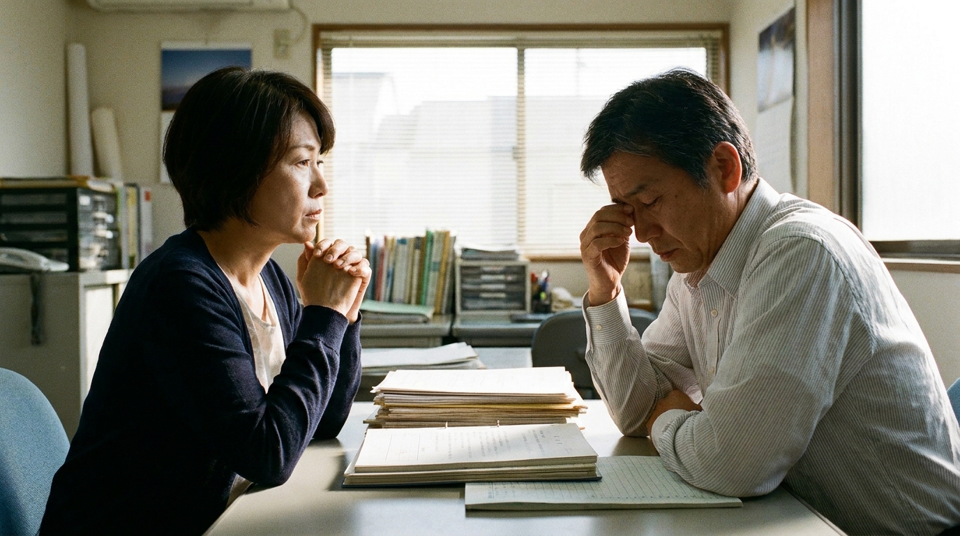 離婚問題を抱え、合同会社の将来について深刻な顔で話し合う夫婦経営者