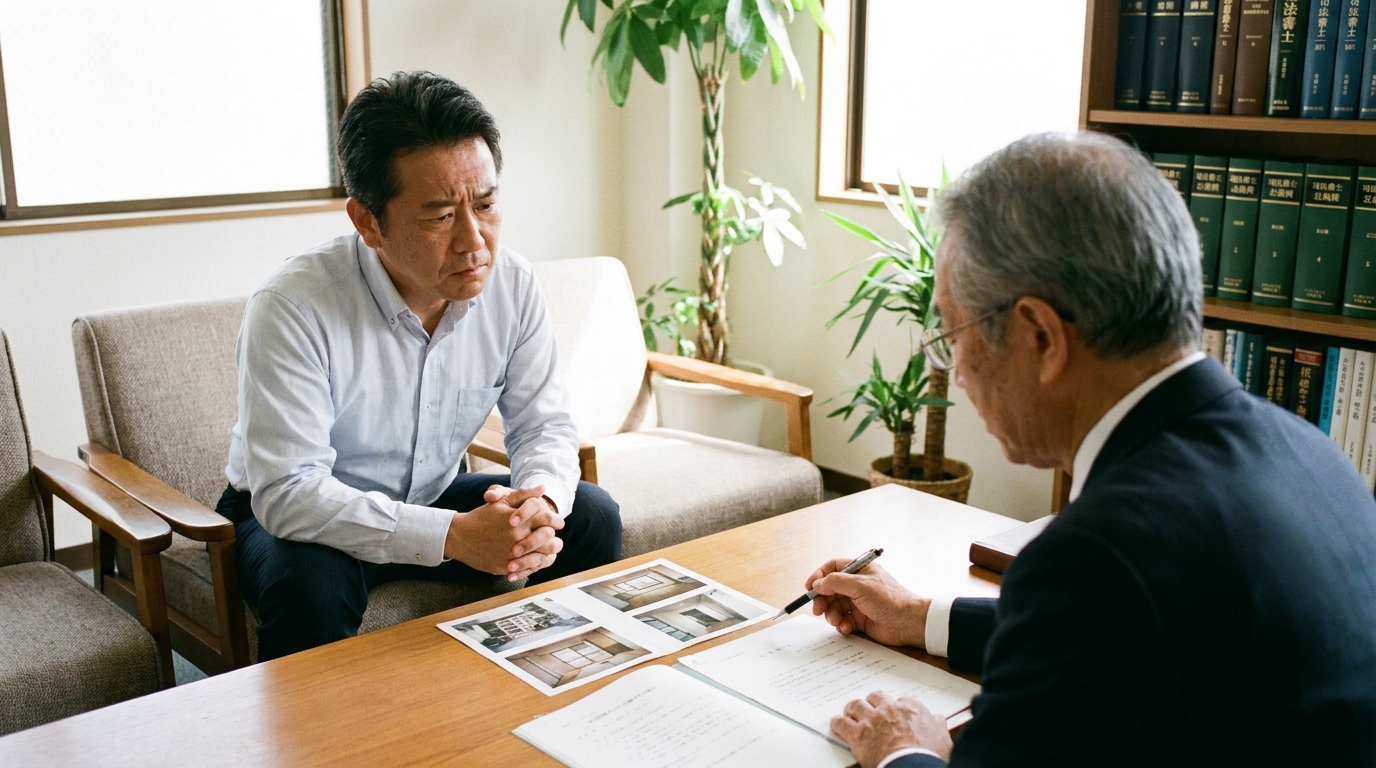 成年後見人が司法書士に賃貸物件の立退き問題について相談している様子