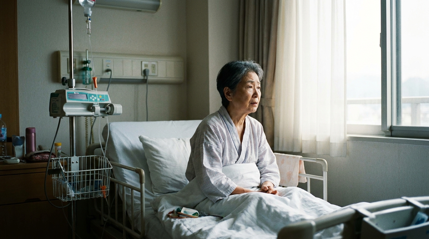 病院のベッドで不安そうな表情を浮かべる高齢女性。突然の入院がもたらす心細さを象徴している。