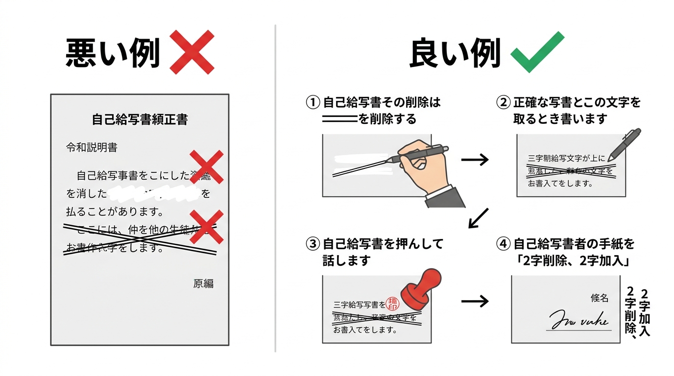 自筆証書遺言の訂正方法を比較した図解。悪い例として修正液や二重線のみの訂正、良い例として二重線・押印・訂正内容の付記・署名という正しい手順を示している。