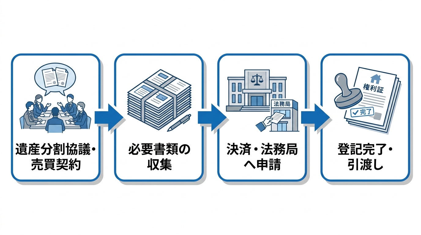 相続登記と売買登記を同時に行う流れを示した図解。遺産分割協議から登記完了までの4つのステップをアイコン付きで解説している。
