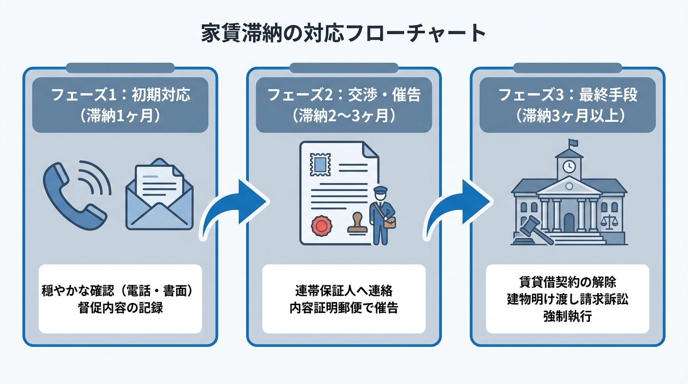 家賃滞納対応のフローチャート。初期対応から交渉・催告、最終手段である法的手続きまでの3つのフェーズを時系列で示した図解。