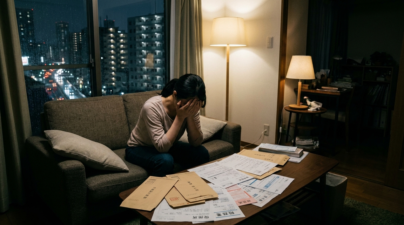 相続手続きの書類を前に疲れ果ててソファに座り込む女性