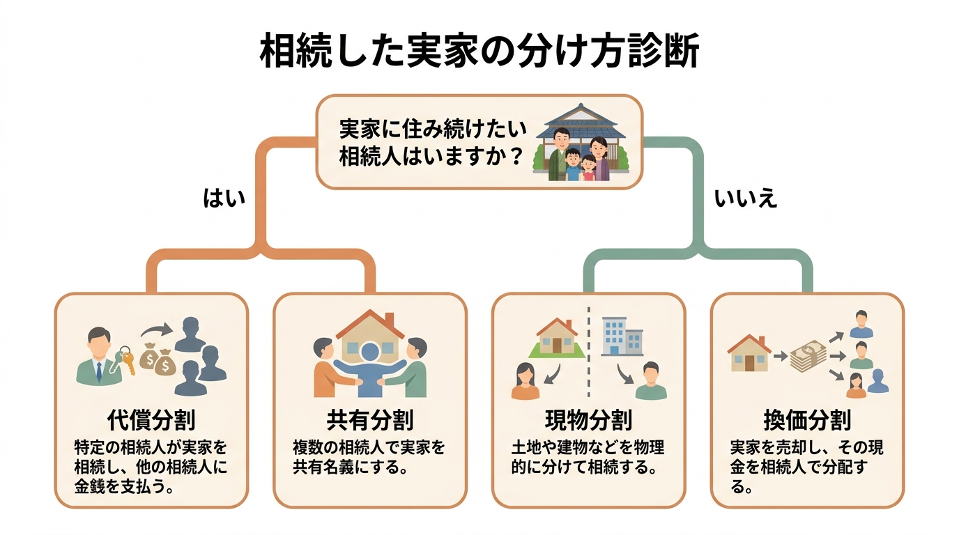 相続不動産の分け方診断フローチャート。質問に答えることで、現物分割、換価分割、代償分割、共有分割のどれが適しているかがわかる。