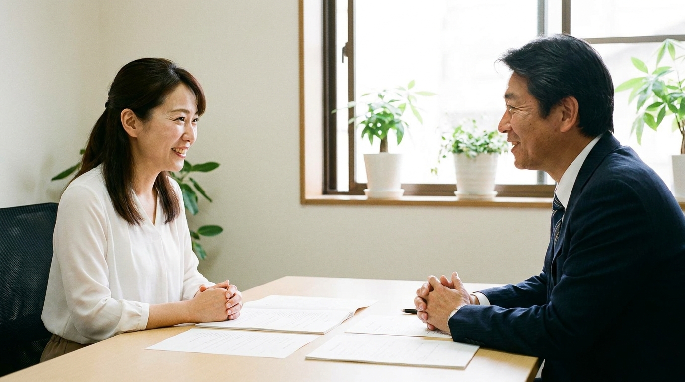 司法書士に相談し、安心した表情を浮かべる女性。問題解決への道筋が見え、安堵している様子。