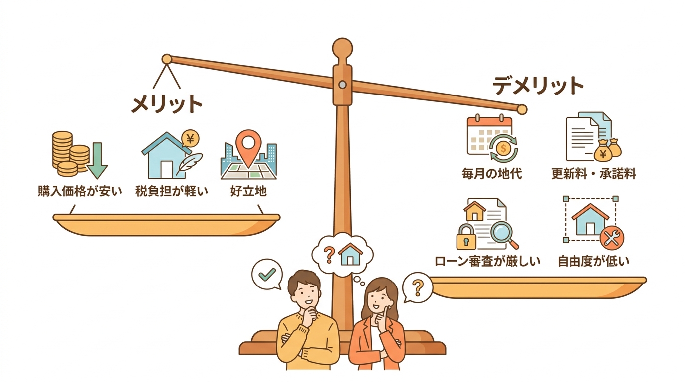 借地権付き物件のメリットとデメリットを天秤で比較する図解。メリットとして価格の安さ、税負担の軽さ、好立地が挙げられ、デメリットとして地代、更新料、ローン審査、自由度の低さが示されている。