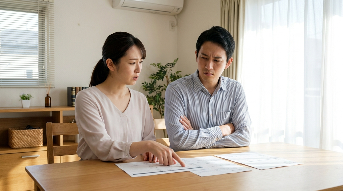 相続問題について話し合う夫婦。妻が書類を見せながら夫を説得しようとしているが、夫は非協力的な様子で、夫婦間の意見の相違が見られる。