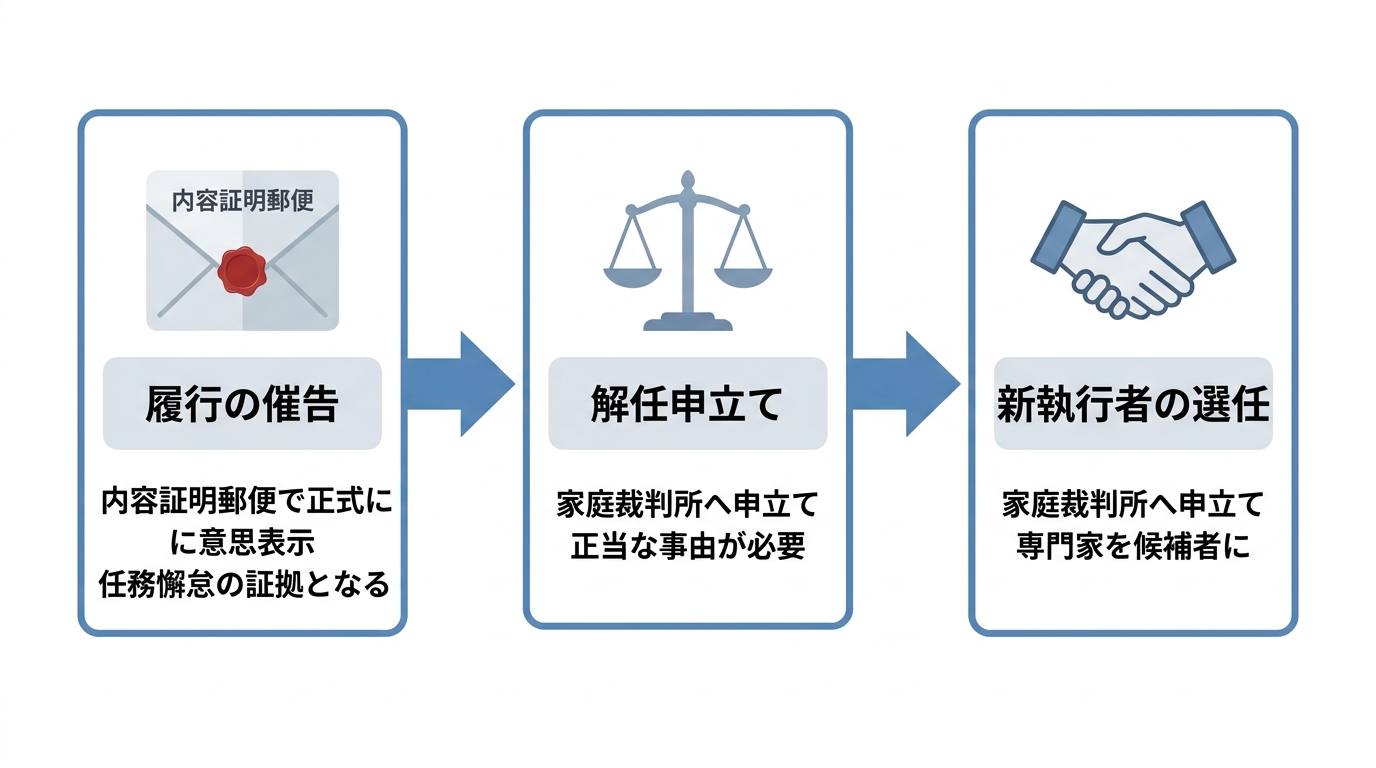遺言執行者が協力しない場合の3つの対処ステップ。ステップ1:内容証明郵便で催告、ステップ2:家庭裁判所に解任申立て、ステップ3:新しい遺言執行者の選任申立て。