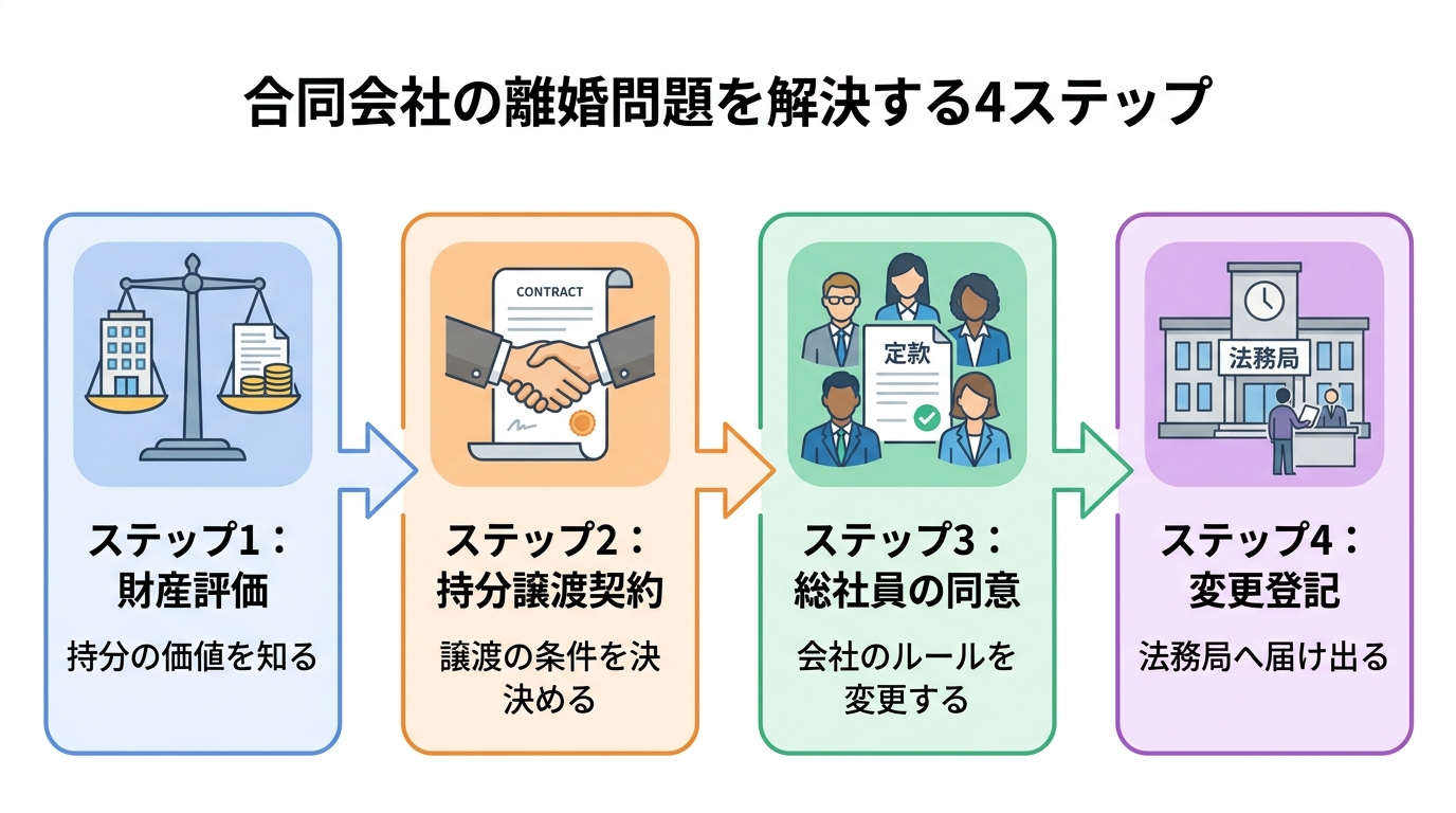 合同会社の離婚問題における持分譲渡・退社登記の4ステップを示した図解。財産評価、持分譲渡契約、総社員の同意、変更登記の流れを解説。