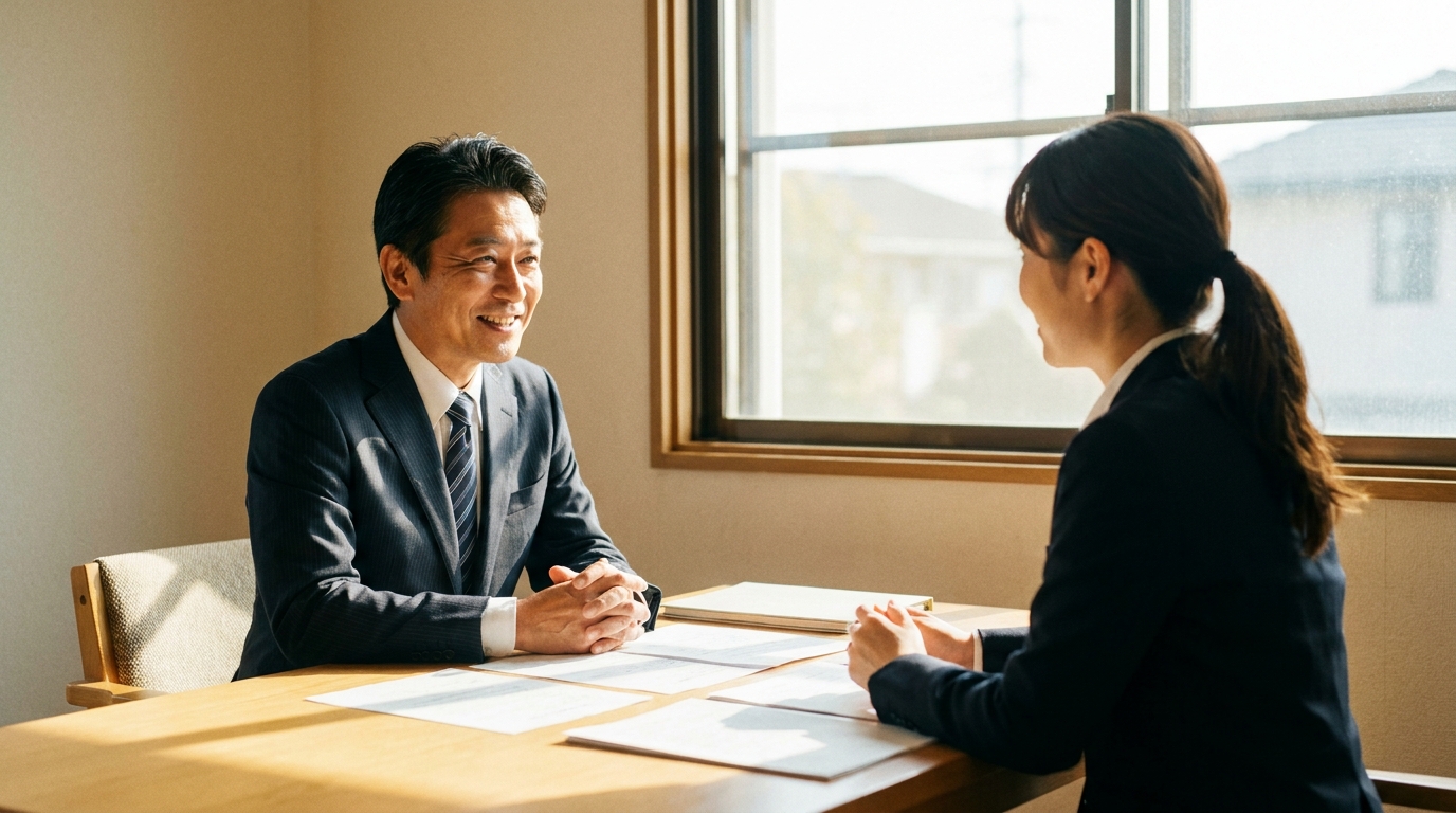 司法書士に相談し、会社の相続問題について安心した表情を浮かべる経営者。
