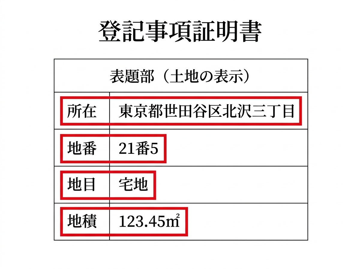 不動産(土地)の登記事項証明書のサンプル。遺言書に記載すべき「所在」「地番」「地目」「地積」の項目が赤枠で強調されており、正確な転記の重要性を示している。